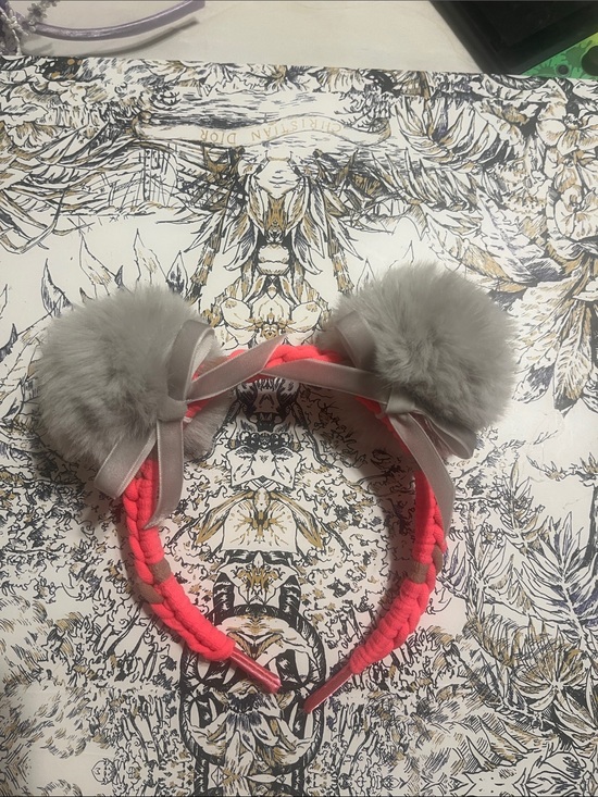 Other - Handmade Girls Pink Braided Headband with Gray Faux Fur Pom Poms